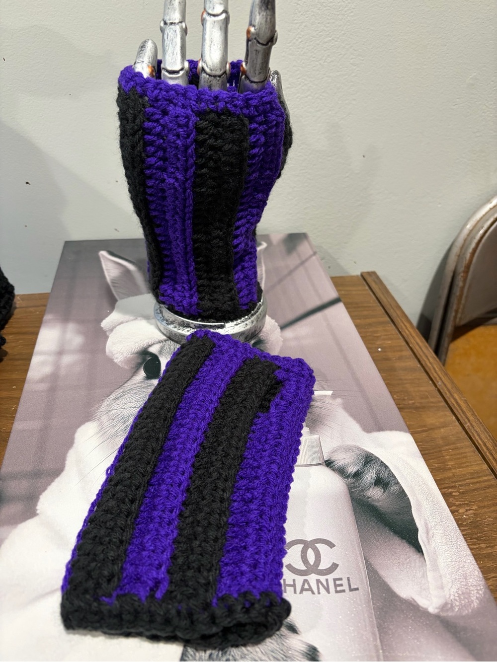 Handmade Crochet Fingerless Gloves | Purple & Black Striped - Picture 2 of 4